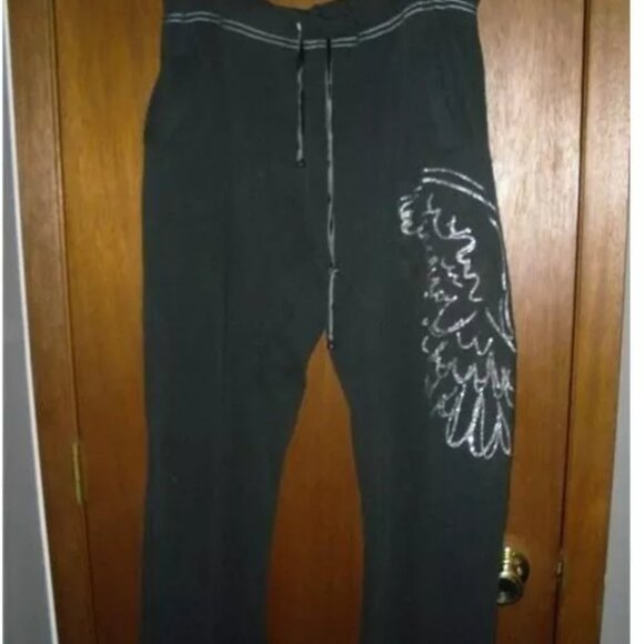 Vanity Black Silver Angel Wings Sweat Sleep Lounge Pants Jogger XL Wrap Around H - Picture 1 of 6